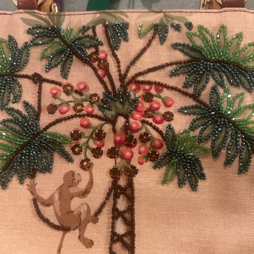 Isabella Fiore Vintage Monkey Beaded/Canvas/Leather Tote Bamboo Handles - Picture 5 of 8